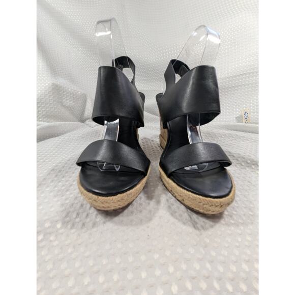 CHARLES DAVID! BLACK GENUINE LEATHER ESPADRILLE TRIM, CORK WEDGE HEELS! SZ 10M - Picture 8 of 11